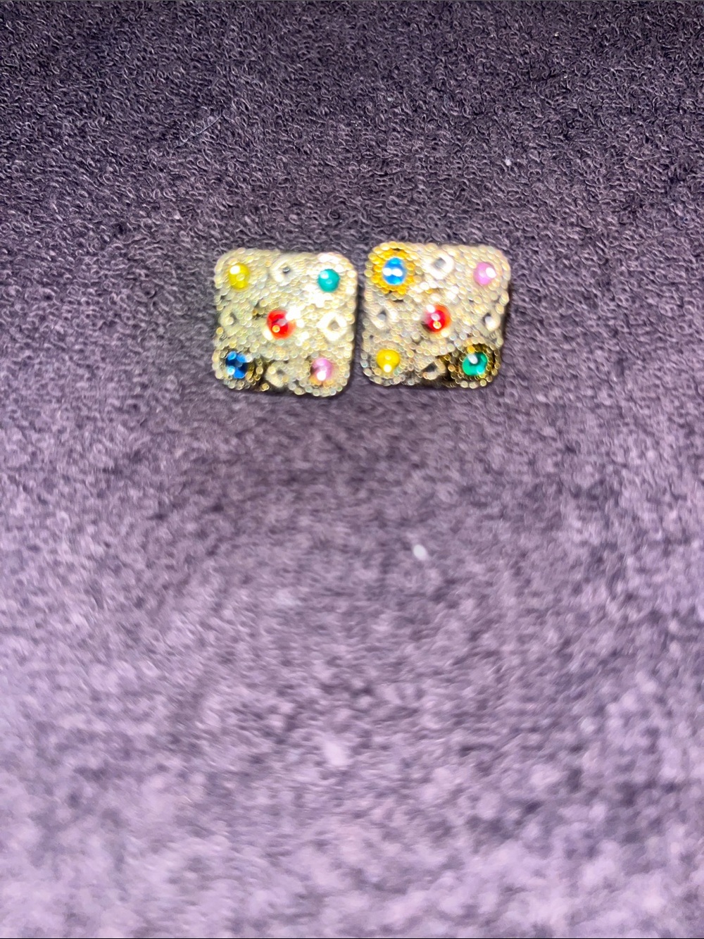 Gold-Tone Square Stud Earrings with Multicolor Rhinestones